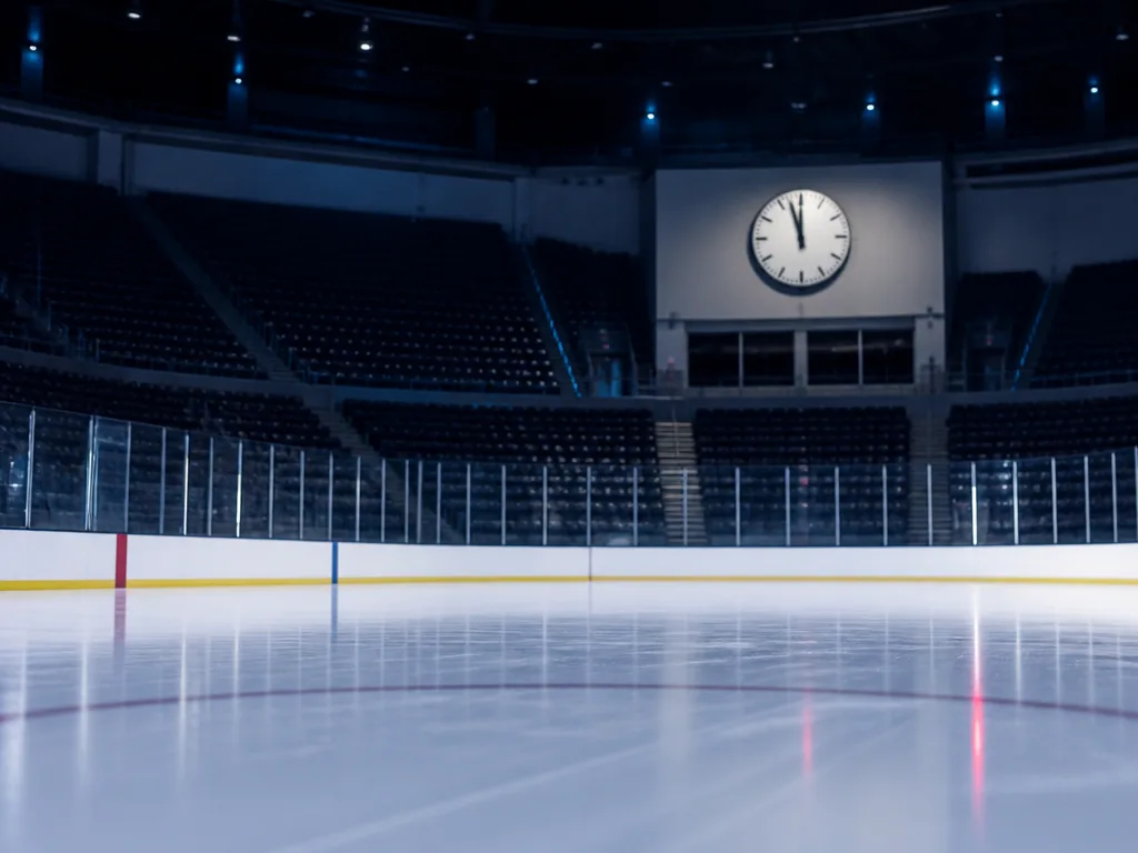 Tom ishockeyrink med en stor klocka på väggen, nyspolad is
