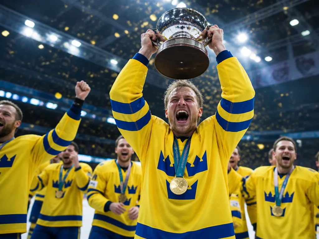 Ishockeyspelare i landslagströja firar med pokal på isen efter VM-guld