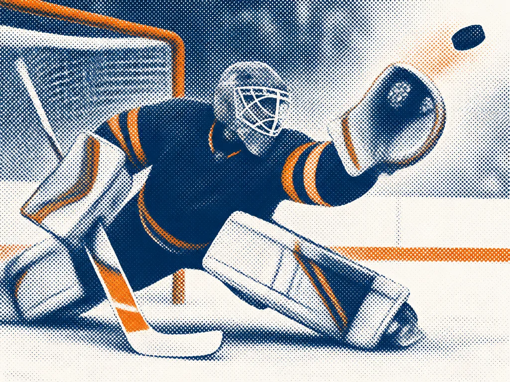 Rastrerad illustration av en målvakt som sträcker sig efter en puck