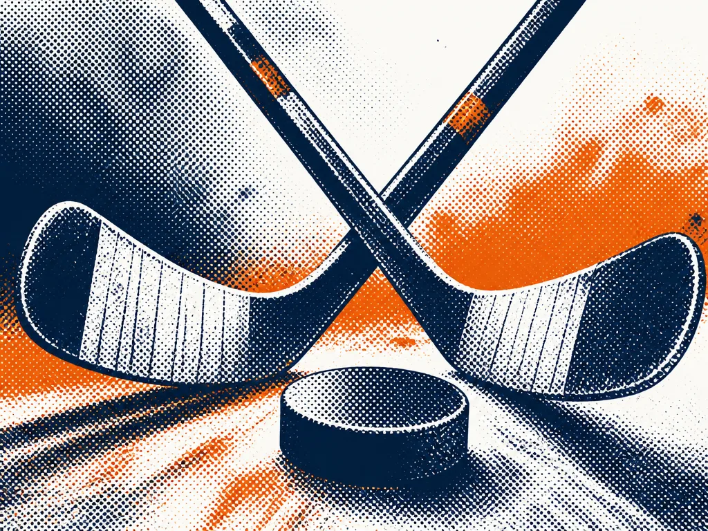 Rastrerad illustration av två hockeyklubbor som korsas över en puck