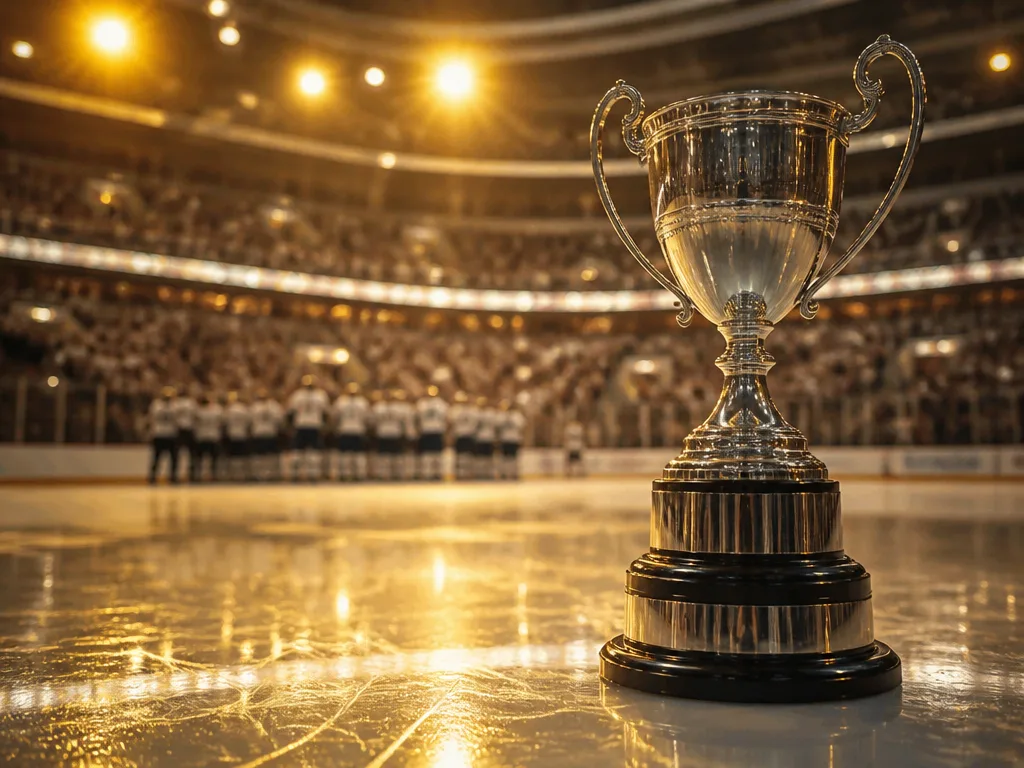 SM-guldpokal på isen i en hockeyarena med guldskimrande ljus