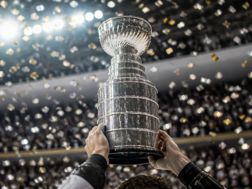 Silverpokal höjd över isen under strålkastarljus och konfetti i en hockeyarena