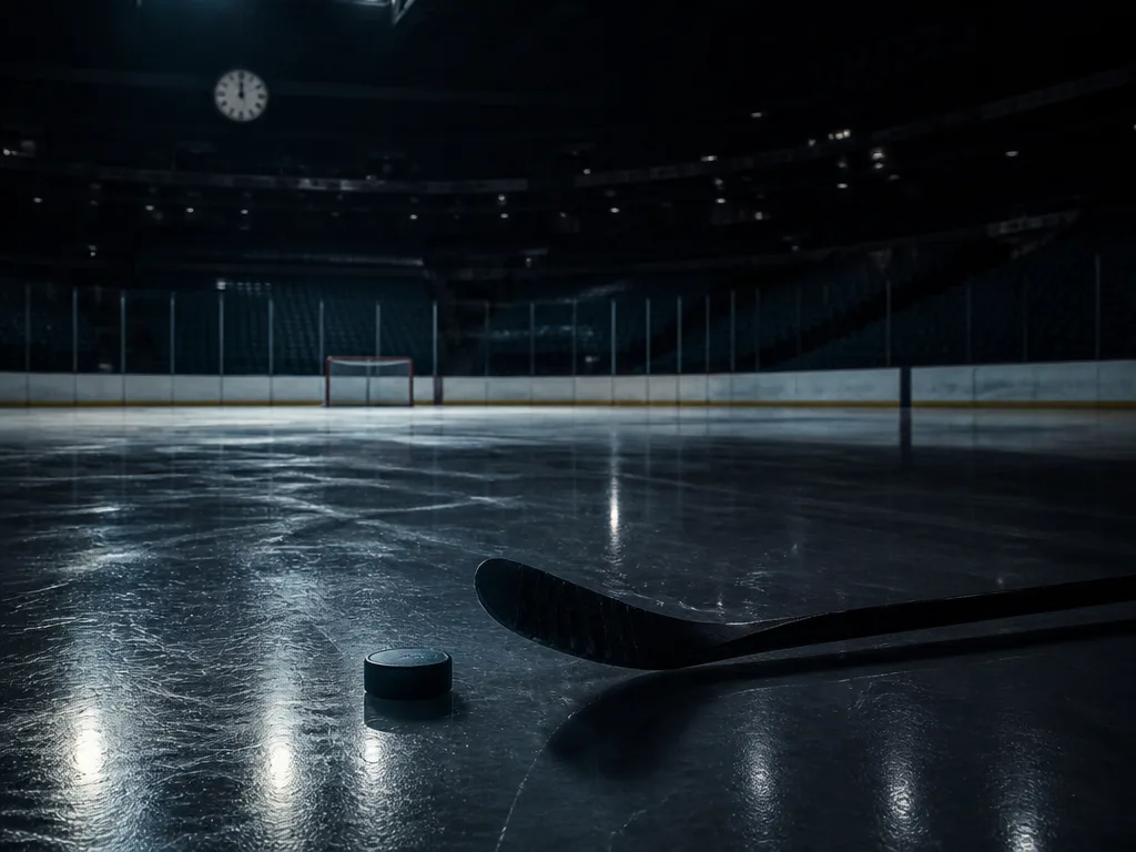 Tom ishockeyrink sent på natten med en ensam klubba och puck kvar på isen